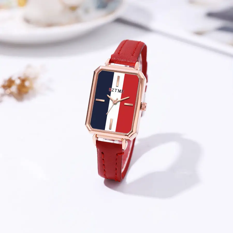 Women's Red Strap Rectangular Watch with Blue White Dial — feature 7