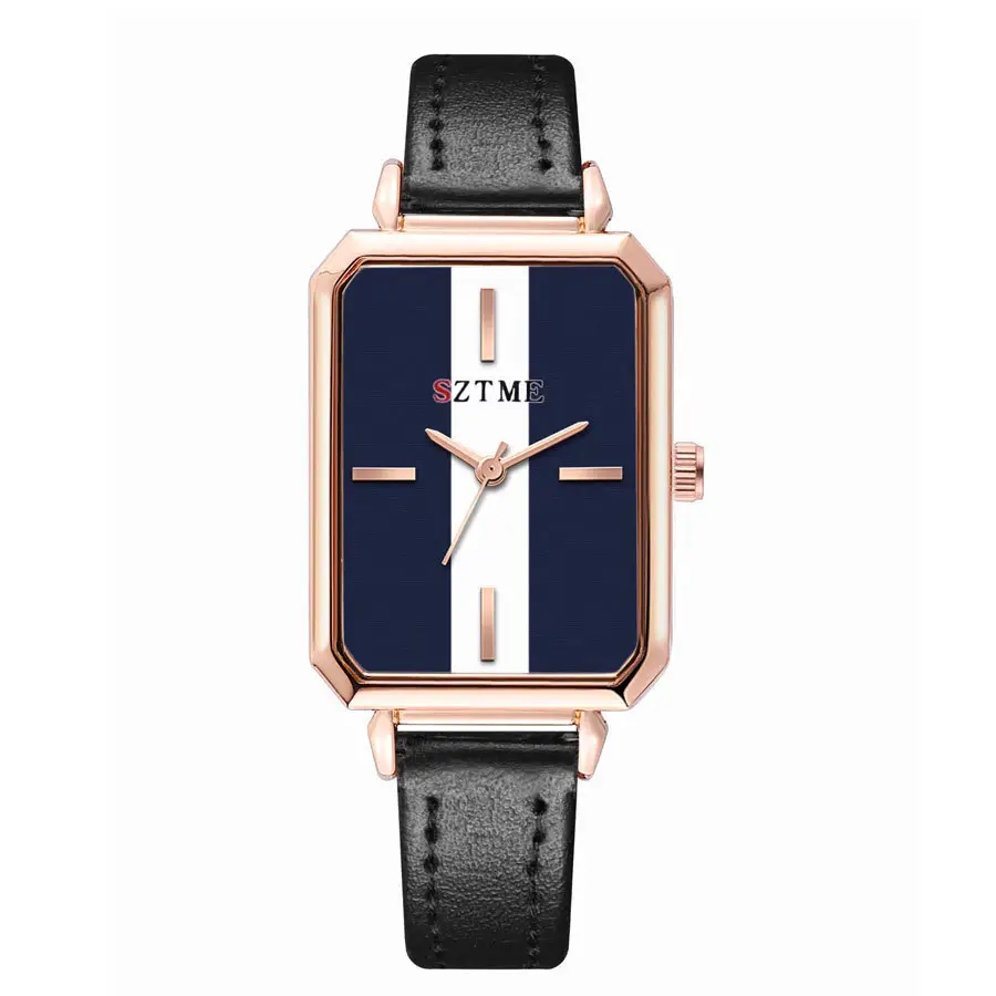 Women's Red Strap Rectangular Watch with Blue White Dial
