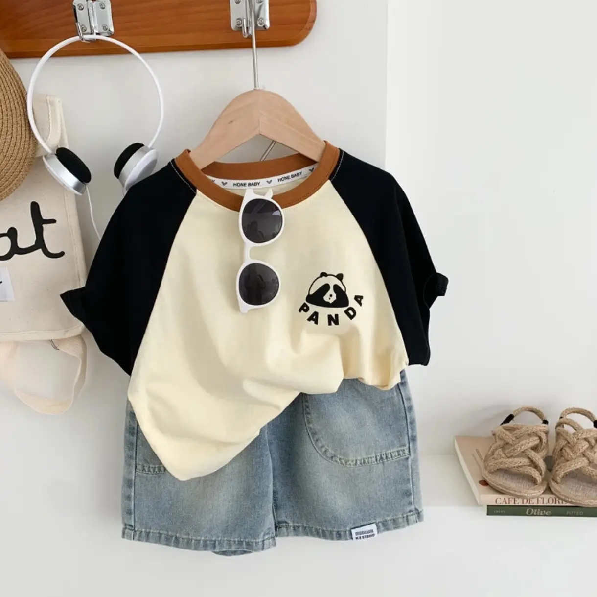 Boys Korean Style Cotton T-Shirt Cream Black 2024 - Image 6
