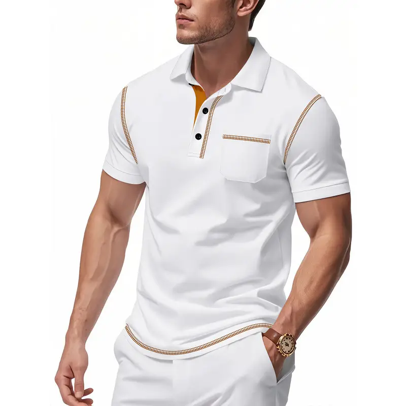 Men's White Polo Shirt with Brown Trim — feature 6