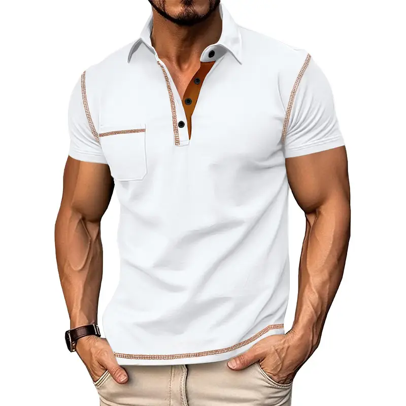 Men's White Polo Shirt with Brown Trim — feature 7