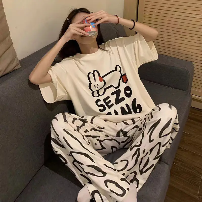 Pajamas Women's Short-Sleeved Pants Summer Cartoon Cute 2025 New Cartoon Spring and Summer Home Clothes Set Can Be Worn Outside