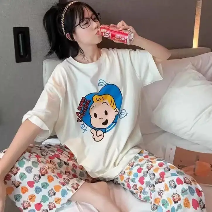 Pajamas Women's Short-Sleeved Pants Summer Cartoon Cute 2025 New Cartoon Spring and Summer Home Clothes Set Can Be Worn Outside
