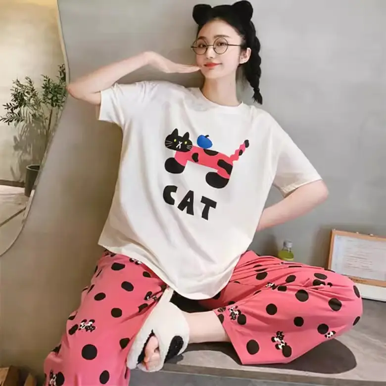 Pajamas Women's Short-Sleeved Pants Summer Cartoon Cute 2025 New Cartoon Spring and Summer Home Clothes Set Can Be Worn Outside