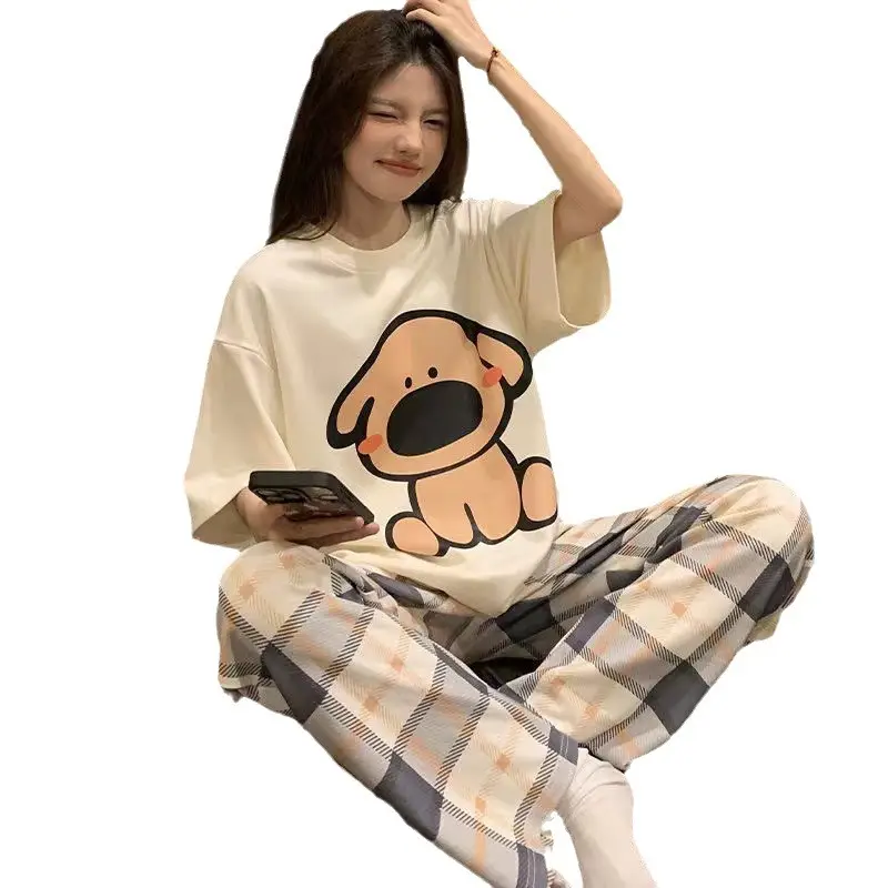 Pajamas Women's Short-Sleeved Pants Summer Cartoon Cute 2025 New Cartoon Spring and Summer Home Clothes Set Can Be Worn Outside