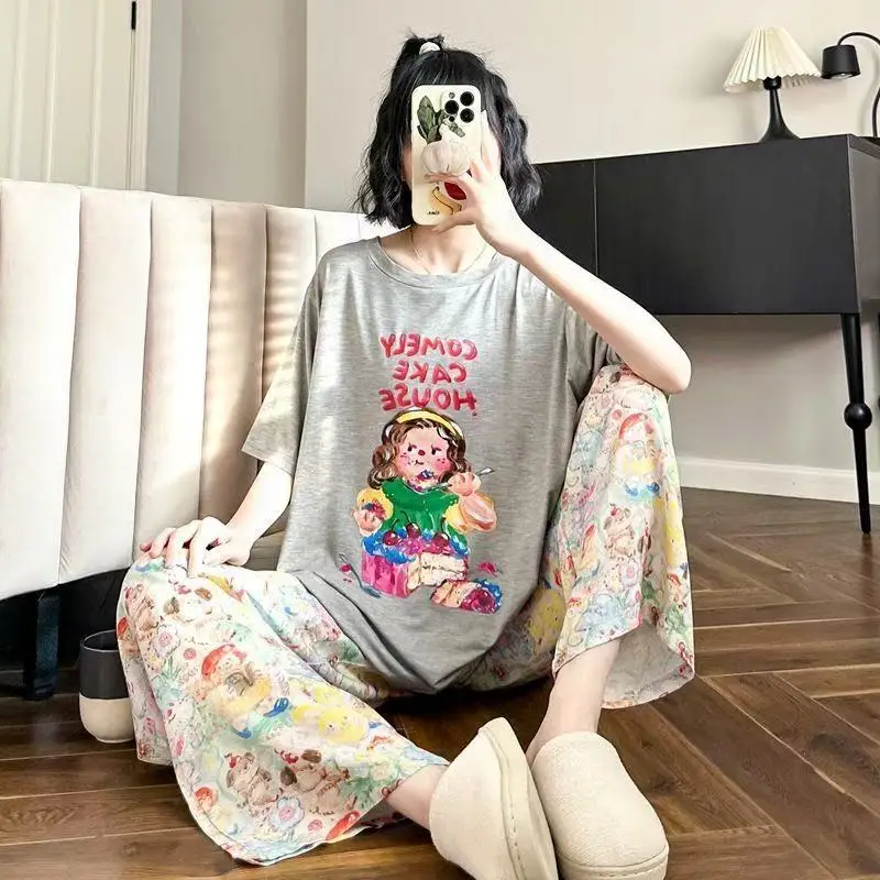 Pajamas Women's Short-Sleeved Pants Summer Cartoon Cute 2025 New Cartoon Spring and Summer Home Clothes Set Can Be Worn Outside