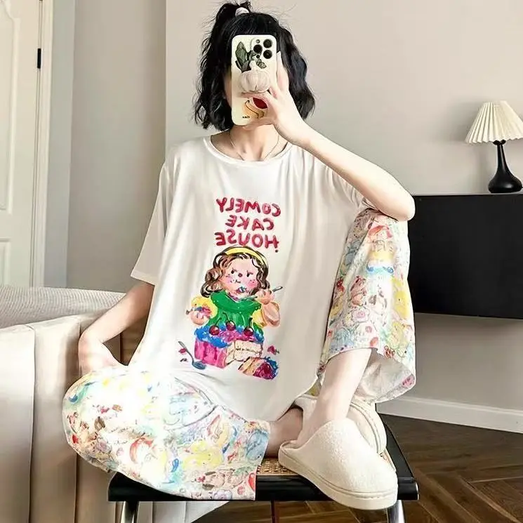 Pajamas Women's Short-Sleeved Pants Summer Cartoon Cute 2025 New Cartoon Spring and Summer Home Clothes Set Can Be Worn Outside