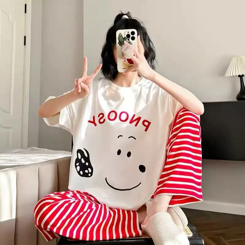 Pajamas Women's Short-Sleeved Pants Summer Cartoon Cute 2025 New Cartoon Spring and Summer Home Clothes Set Can Be Worn Outside