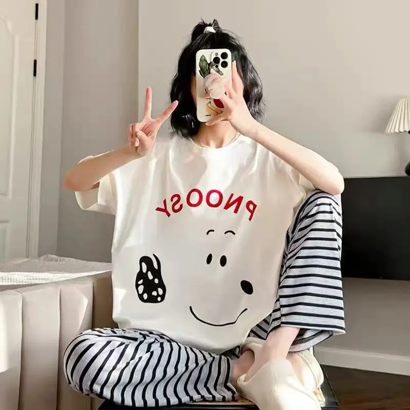 Pajamas Women's Short-Sleeved Pants Summer Cartoon Cute 2025 New Cartoon Spring and Summer Home Clothes Set Can Be Worn Outside