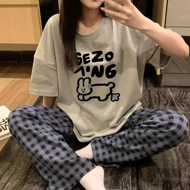 Pajamas Women's Short-Sleeved Pants Summer Cartoon Cute 2025 New Cartoon Spring and Summer Home Clothes Set Can Be Worn Outside