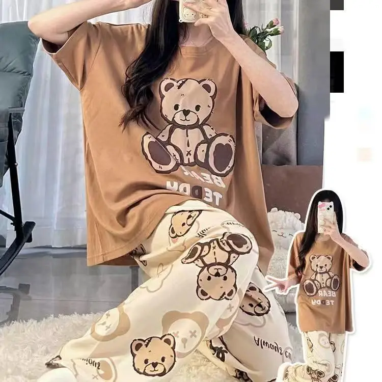 Pajamas Women's Short-Sleeved Pants Summer Cartoon Cute 2025 New Cartoon Spring and Summer Home Clothes Set Can Be Worn Outside