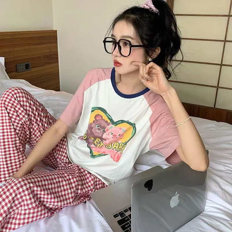 Pajamas Women's Short-Sleeved Pants Summer Cartoon Cute 2025 New Cartoon Spring and Summer Home Clothes Set Can Be Worn Outside
