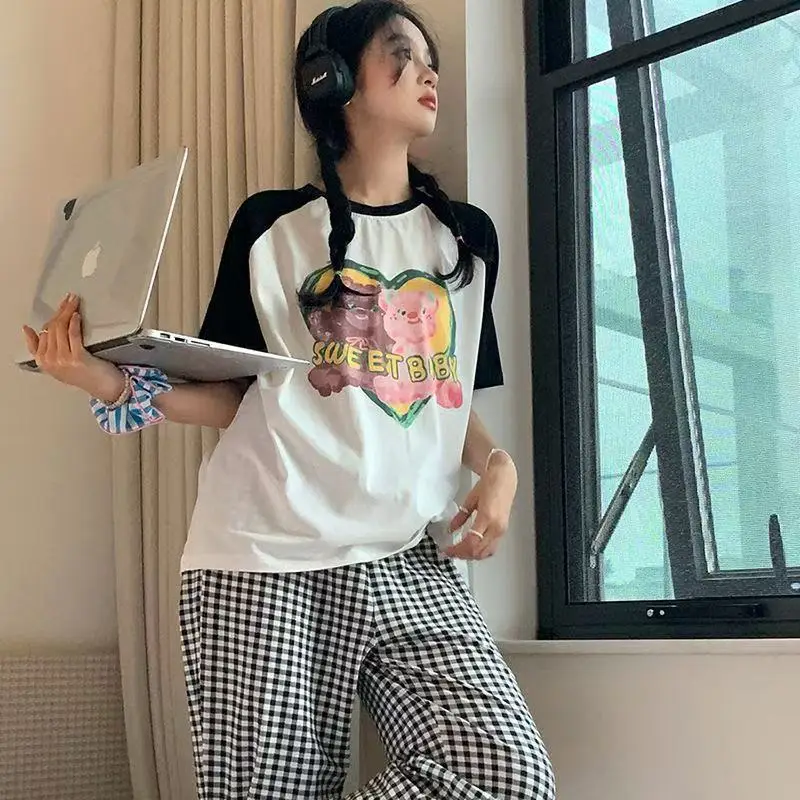 Pajamas Women's Short-Sleeved Pants Summer Cartoon Cute 2025 New Cartoon Spring and Summer Home Clothes Set Can Be Worn Outside