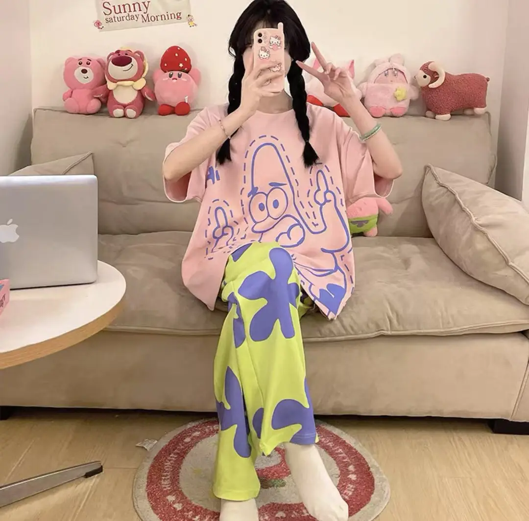 Pajamas Women's Short-Sleeved Pants Summer Cartoon Cute 2025 New Cartoon Spring and Summer Home Clothes Set Can Be Worn Outside