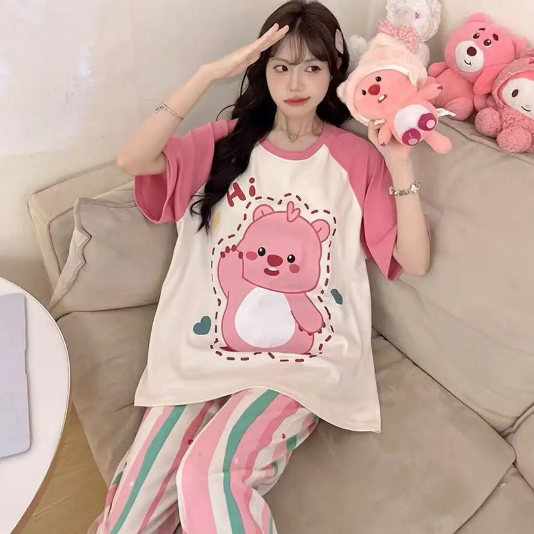Pajamas Women's Short-Sleeved Pants Summer Cartoon Cute 2025 New Cartoon Spring and Summer Home Clothes Set Can Be Worn Outside