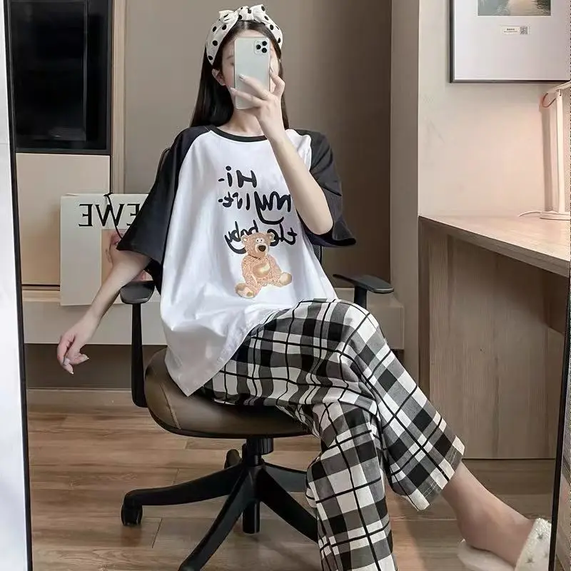 Pajamas Women's Short-Sleeved Pants Summer Cartoon Cute 2025 New Cartoon Spring and Summer Home Clothes Set Can Be Worn Outside