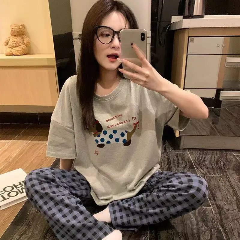 Pajamas Women's Short-Sleeved Pants Summer Cartoon Cute 2025 New Cartoon Spring and Summer Home Clothes Set Can Be Worn Outside