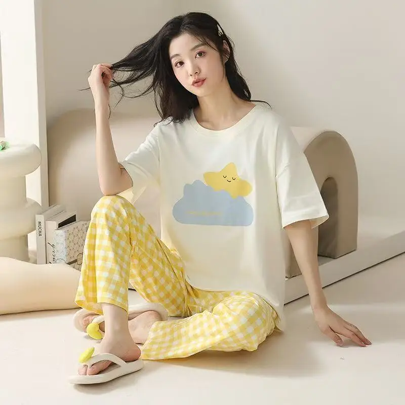 Pajamas Women's Short-Sleeved Pants Summer Cartoon Cute 2025 New Cartoon Spring and Summer Home Clothes Set Can Be Worn Outside
