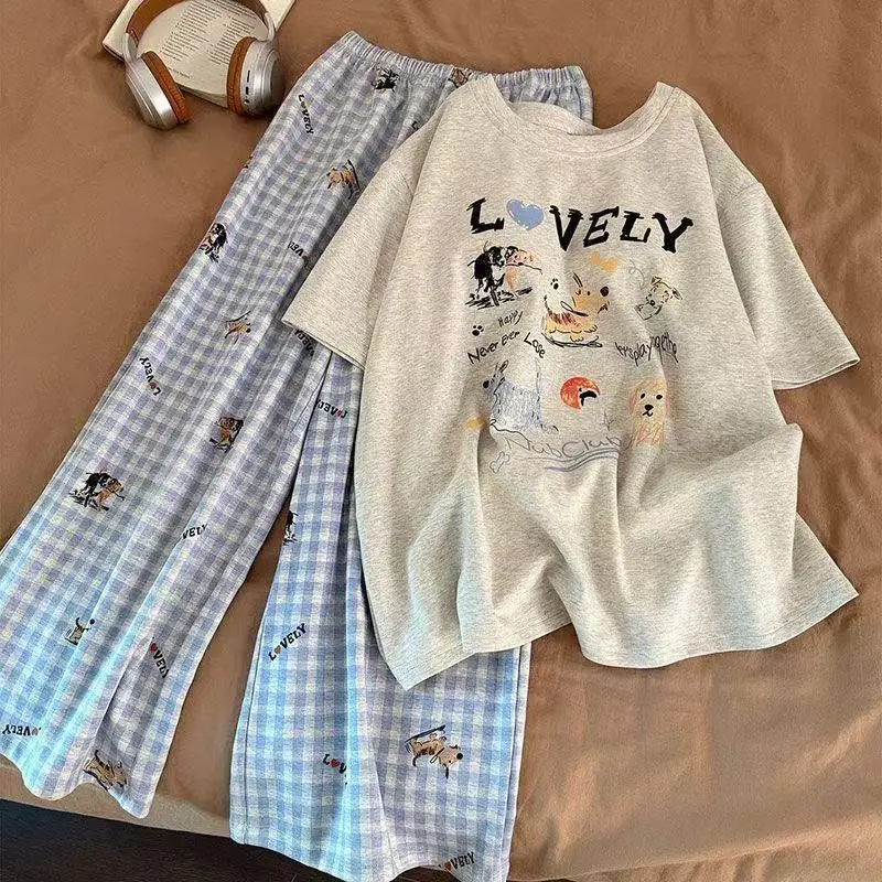 Pajamas Women's Short-Sleeved Pants Summer Cartoon Cute 2025 New Cartoon Spring and Summer Home Clothes Set Can Be Worn Outside