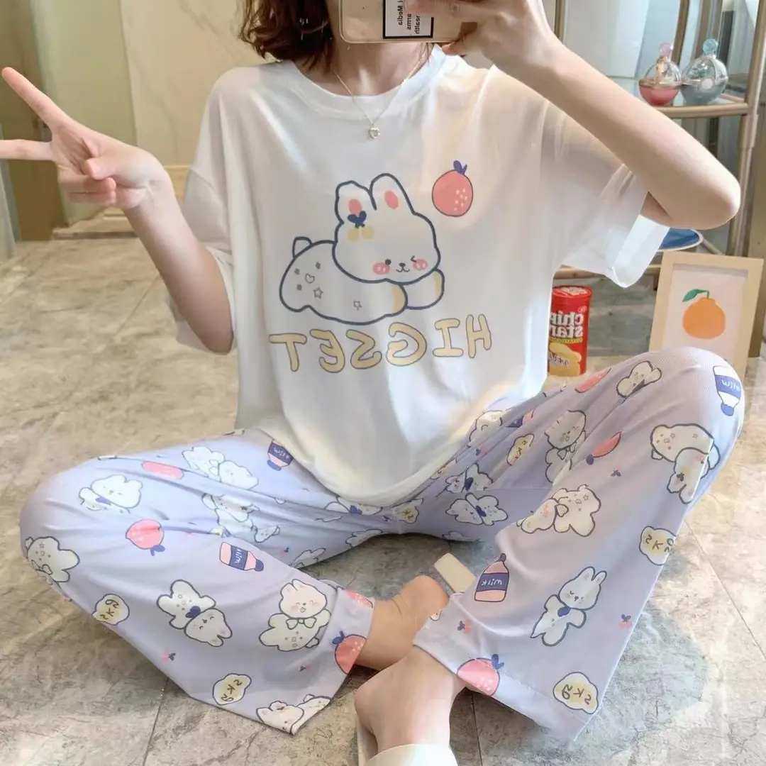 Pajamas Women's Short-Sleeved Pants Summer Cartoon Cute 2025 New Cartoon Spring and Summer Home Clothes Set Can Be Worn Outside