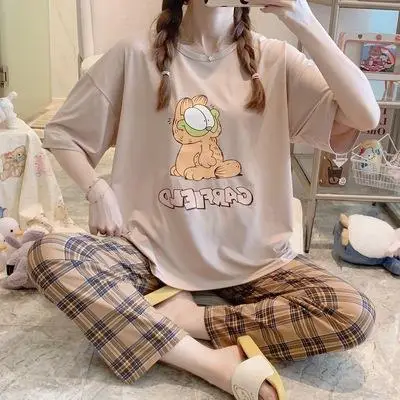 Pajamas Women's Short-Sleeved Pants Summer Cartoon Cute 2025 New Cartoon Spring and Summer Home Clothes Set Can Be Worn Outside