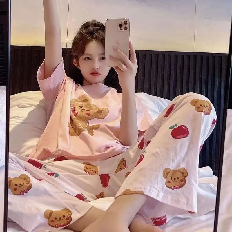 Pajamas Women's Short-Sleeved Pants Summer Cartoon Cute 2025 New Cartoon Spring and Summer Home Clothes Set Can Be Worn Outside
