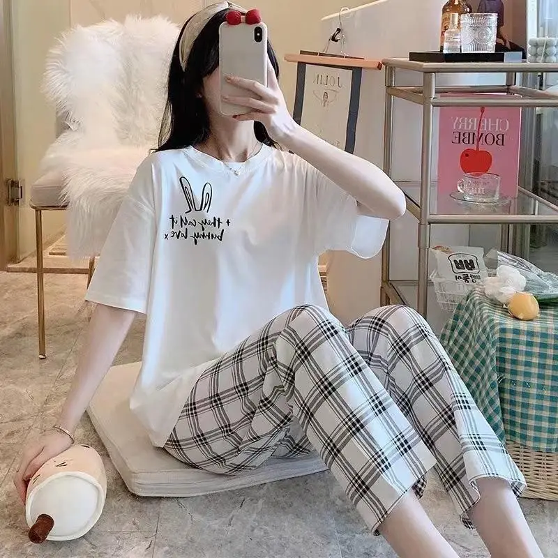 Pajamas Women's Short-Sleeved Pants Summer Cartoon Cute 2025 New Cartoon Spring and Summer Home Clothes Set Can Be Worn Outside