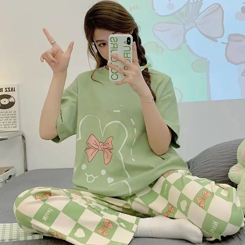 Pajamas Women's Short-Sleeved Pants Summer Cartoon Cute 2025 New Cartoon Spring and Summer Home Clothes Set Can Be Worn Outside