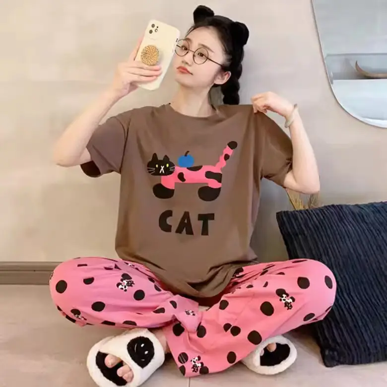 Pajamas Women's Short-Sleeved Pants Summer Cartoon Cute 2025 New Cartoon Spring and Summer Home Clothes Set Can Be Worn Outside