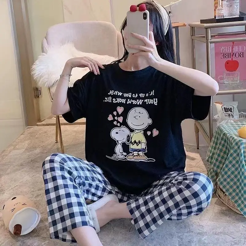 Pajamas Women's Short-Sleeved Pants Summer Cartoon Cute 2025 New Cartoon Spring and Summer Home Clothes Set Can Be Worn Outside