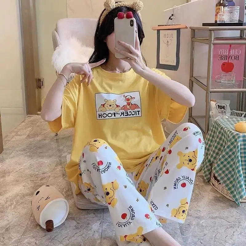 Pajamas Women's Short-Sleeved Pants Summer Cartoon Cute 2025 New Cartoon Spring and Summer Home Clothes Set Can Be Worn Outside