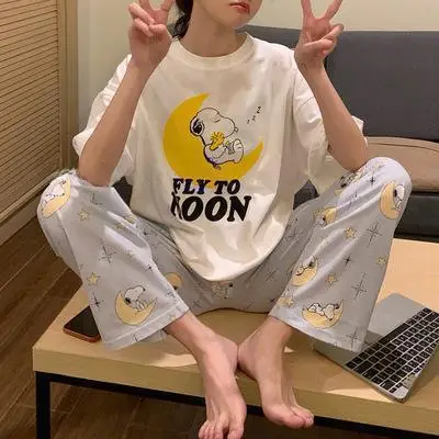 Pajamas Women's Short-Sleeved Pants Summer Cartoon Cute 2025 New Cartoon Spring and Summer Home Clothes Set Can Be Worn Outside