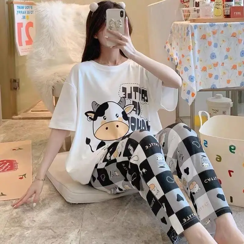 Pajamas Women's Short-Sleeved Pants Summer Cartoon Cute 2025 New Cartoon Spring and Summer Home Clothes Set Can Be Worn Outside