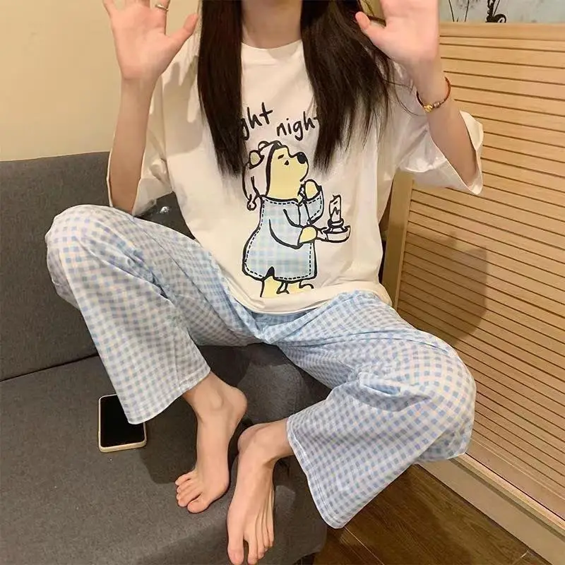 Pajamas Women's Short-Sleeved Pants Summer Cartoon Cute 2025 New Cartoon Spring and Summer Home Clothes Set Can Be Worn Outside