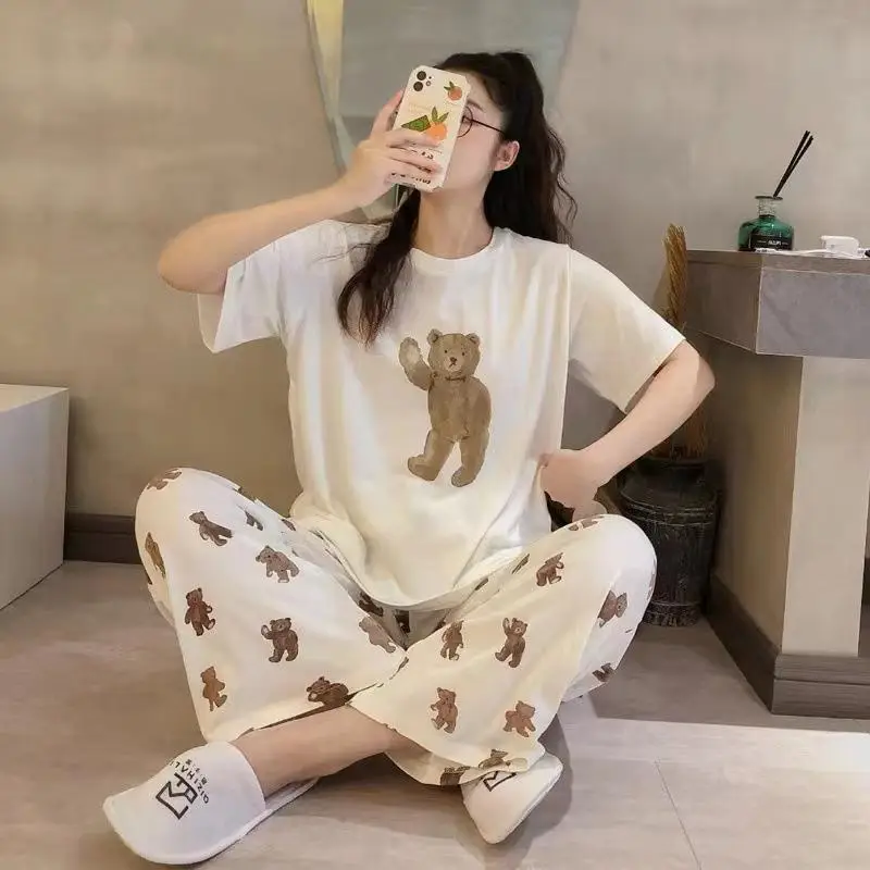 Pajamas Women's Short-Sleeved Pants Summer Cartoon Cute 2025 New Cartoon Spring and Summer Home Clothes Set Can Be Worn Outside