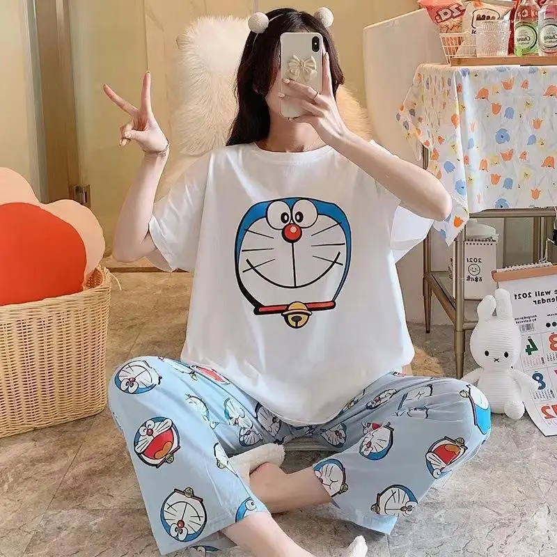 Pajamas Women's Short-Sleeved Pants Summer Cartoon Cute 2025 New Cartoon Spring and Summer Home Clothes Set Can Be Worn Outside