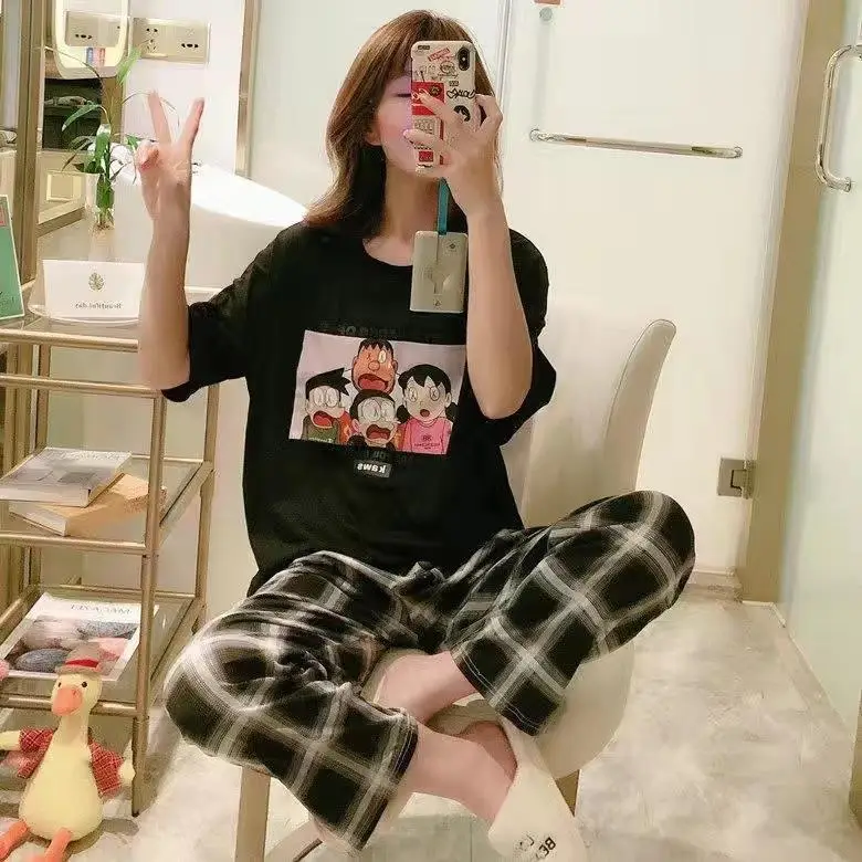 Pajamas Women's Short-Sleeved Pants Summer Cartoon Cute 2025 New Cartoon Spring and Summer Home Clothes Set Can Be Worn Outside