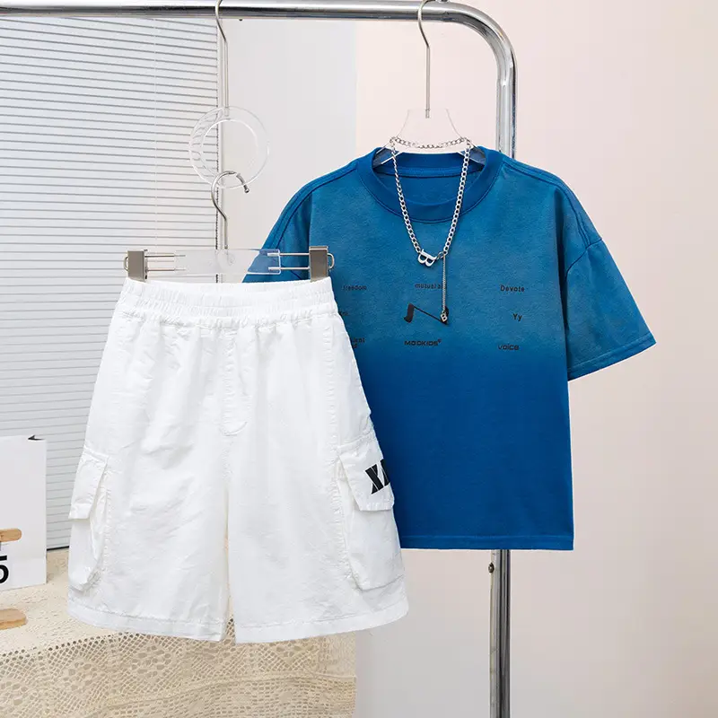 Blue Printed T-Shirt Set for Boys White Shorts Summer Wear - Image 3