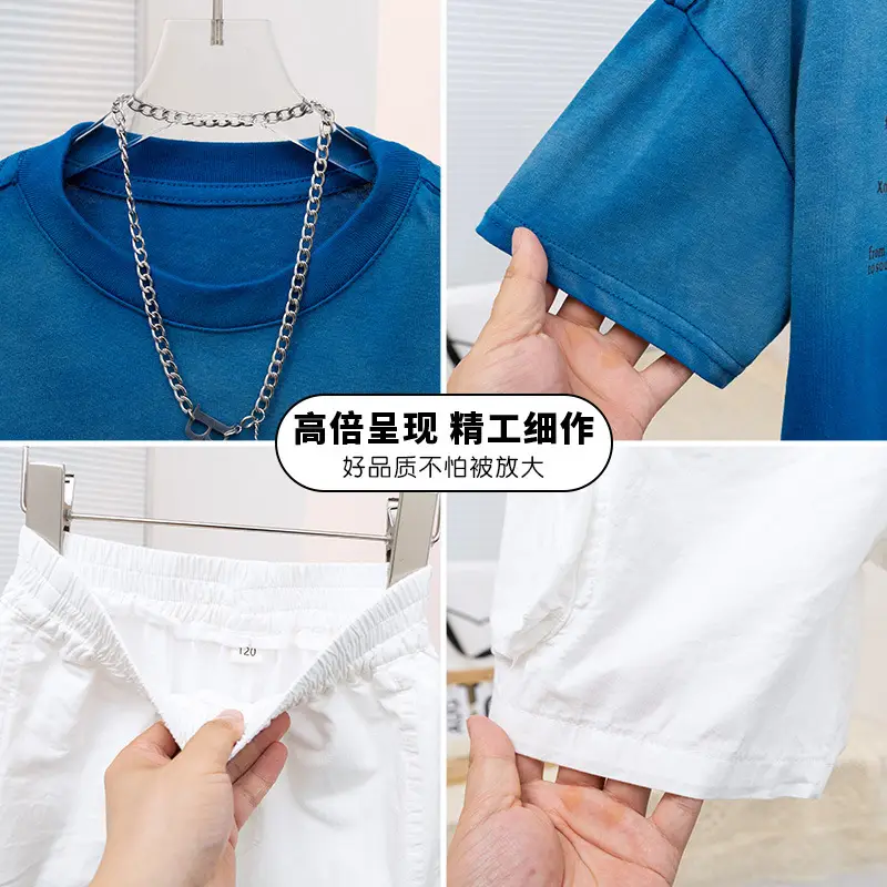 Blue Printed T-Shirt Set for Boys White Shorts Summer Wear - Image 5