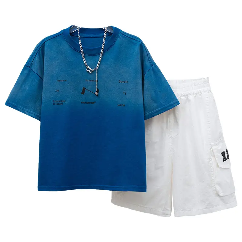 Blue Printed T-Shirt Set for Boys White Shorts Summer Wear - Image 6