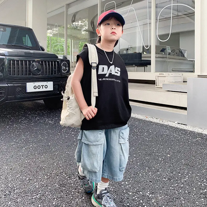 Boy's Black Oversized Vest T-Shirt 2024 New Arrival