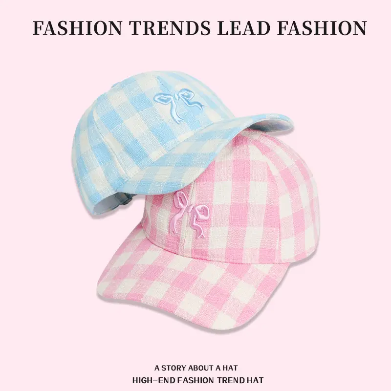 Pink Plaid Bow Embroidered Women's Cap - Image 4
