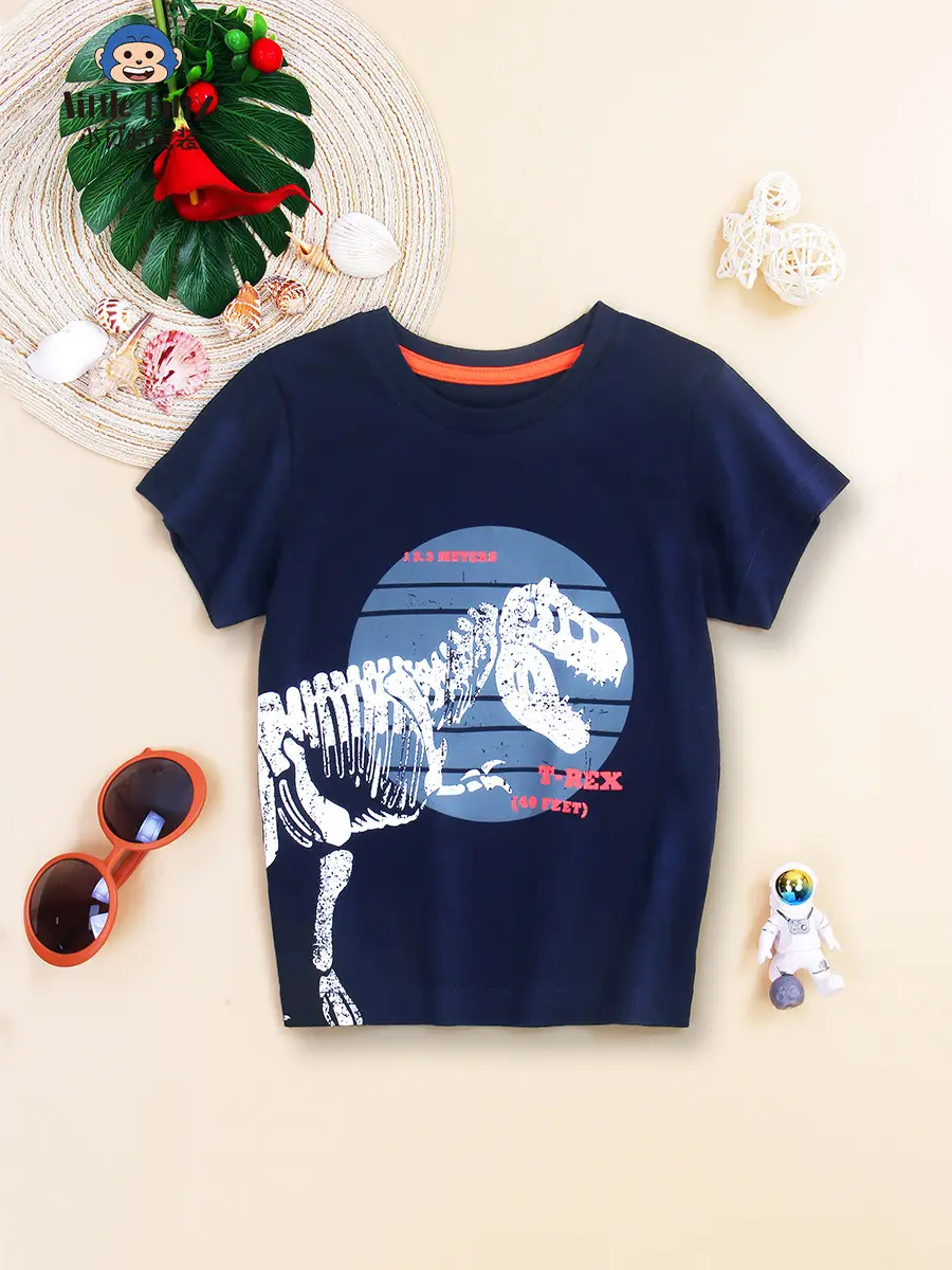 Kids Cartoon Print T-Shirt Navy Blue Pure Cotton Summer