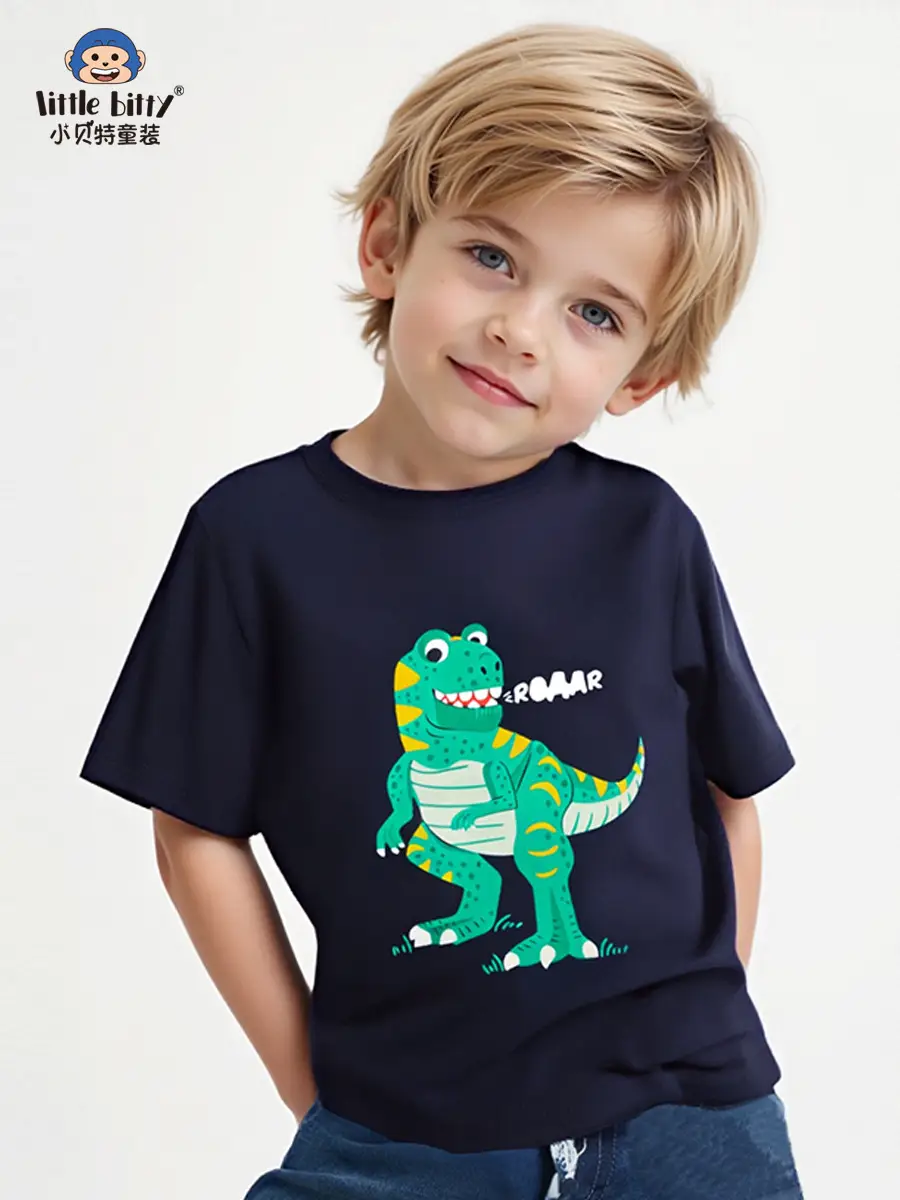 2025 Boys Black Cartoon Dinosaur T-Shirt - Image 2