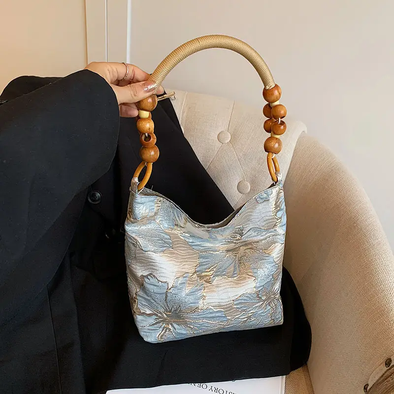 Artistic Embroidered Women's Shoulder Bag with Wooden Handles