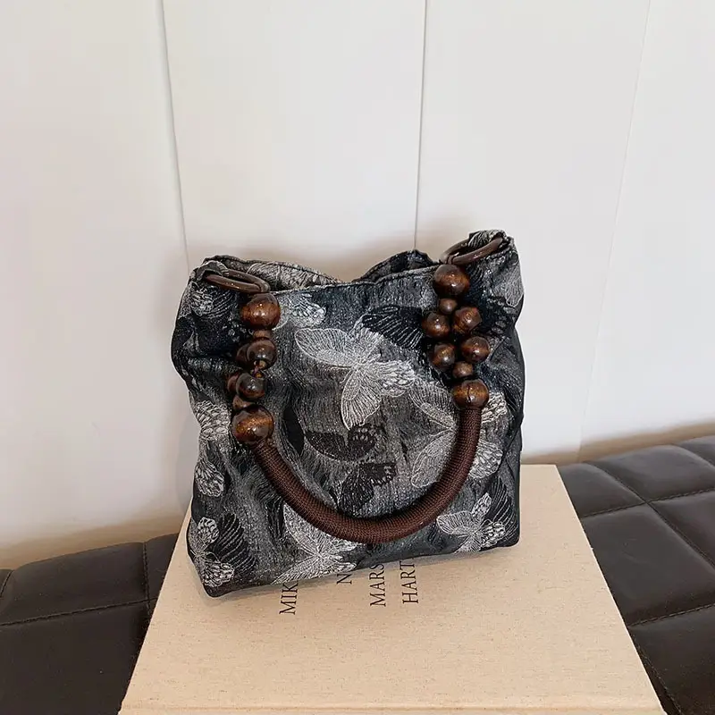 Artistic Embroidered Women's Shoulder Bag with Wooden Handles