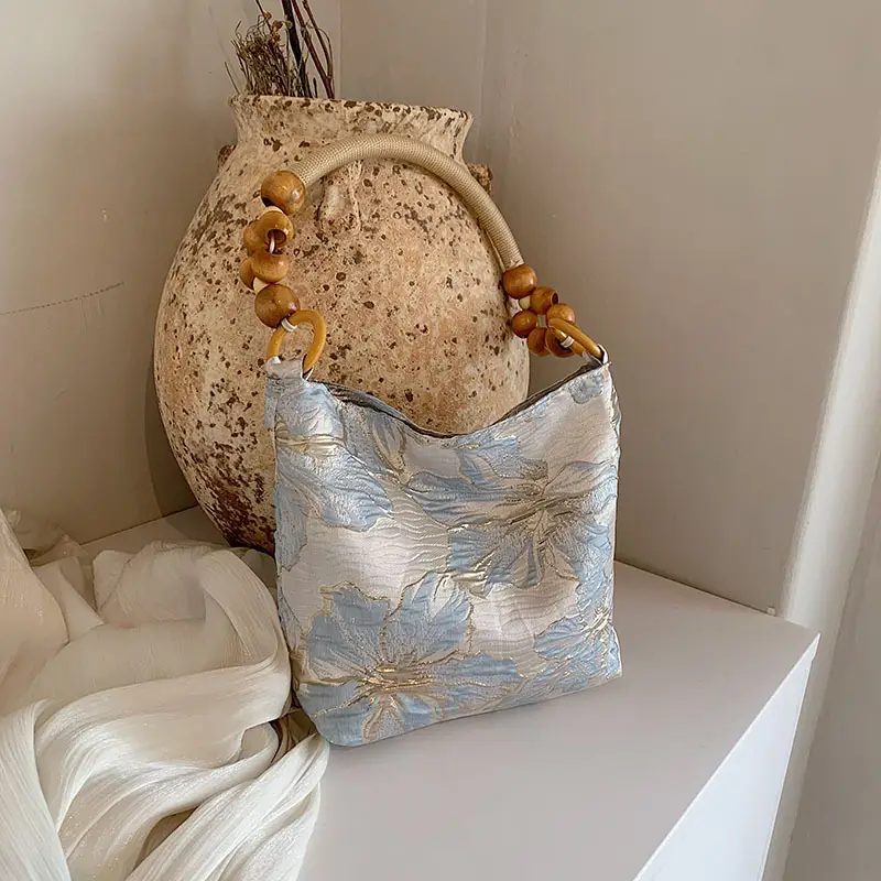 Artistic Embroidered Women's Shoulder Bag with Wooden Handles