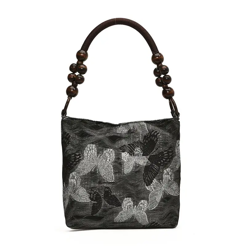 Artistic Embroidered Women's Shoulder Bag with Wooden Handles