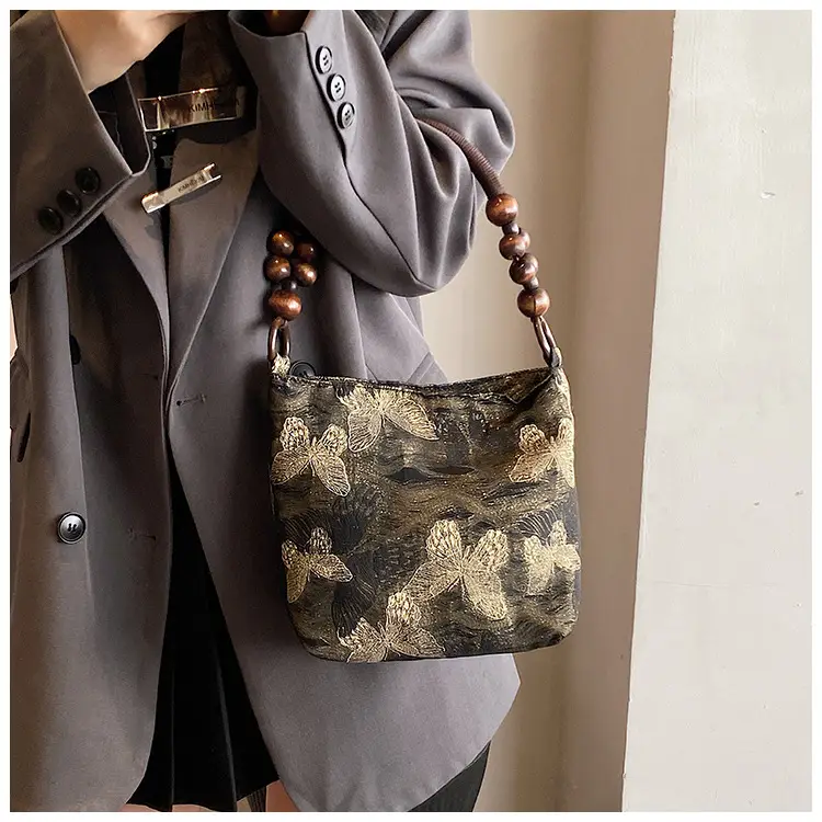Artistic Embroidered Women's Shoulder Bag with Wooden Handles — feature 11