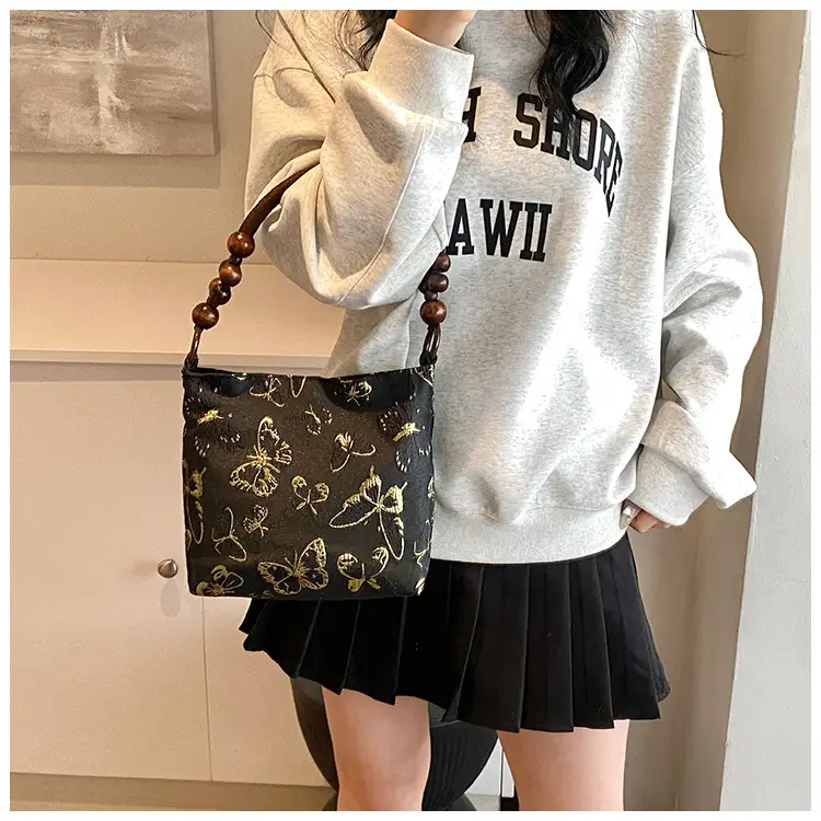 Artistic Embroidered Women's Shoulder Bag with Wooden Handles — feature 12